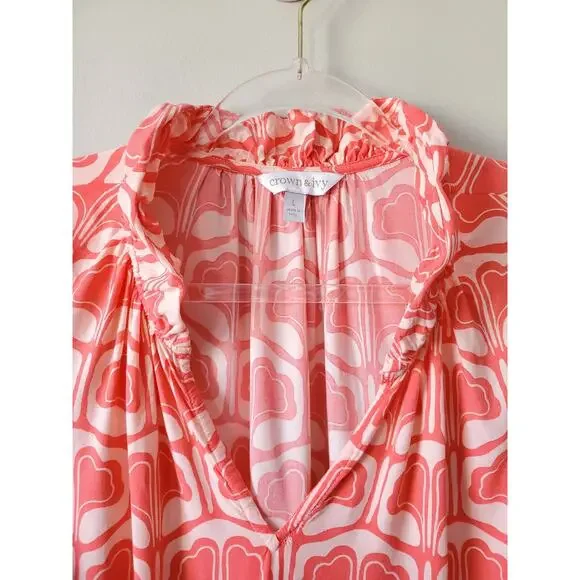 Crown Ivy Women Ruffle Pink Print Sleeveless shirt top L Coastal Casual Preppy - Picture 3 of 9